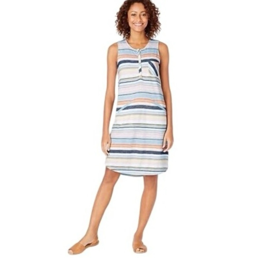 J. Jill Women’s Sz Medium Petite Sleeveless Dress Striped Knit Pockets Colorful
